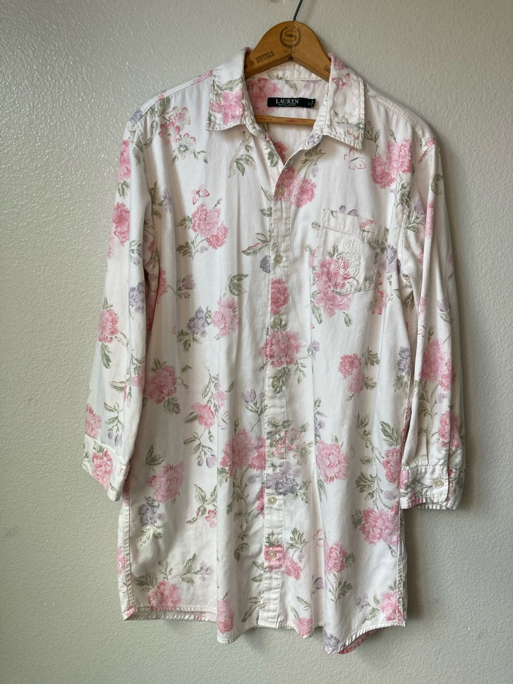 Lauren Ralph Lauren Soft Cotton flannel Floral Sleep Shirt Embroidered Logo sz L